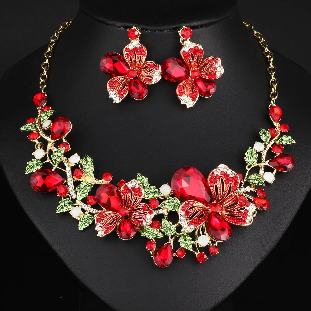 Fashion Wedding Jewelry Color Crystal Rhinestones Necklace Earrings set for Women Dubai Bridal Jewelry sets