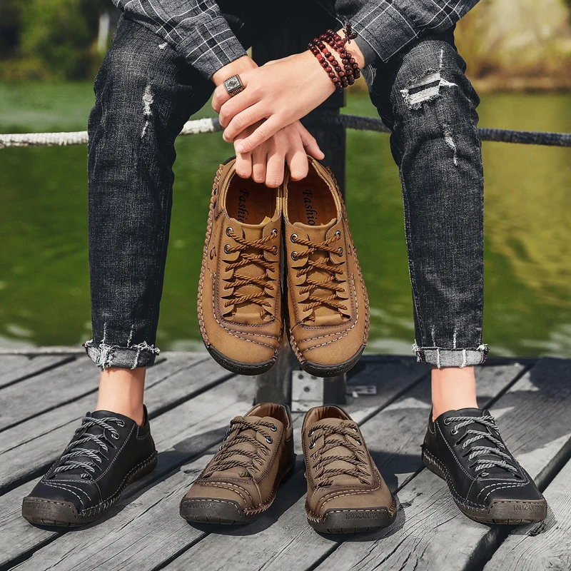 2020 New Spring Men\'s Shoes Lace-up Man Outdoor Casual Shoes Quality Split Leather Loafers Man Flats Shoes Moccasins Shoes