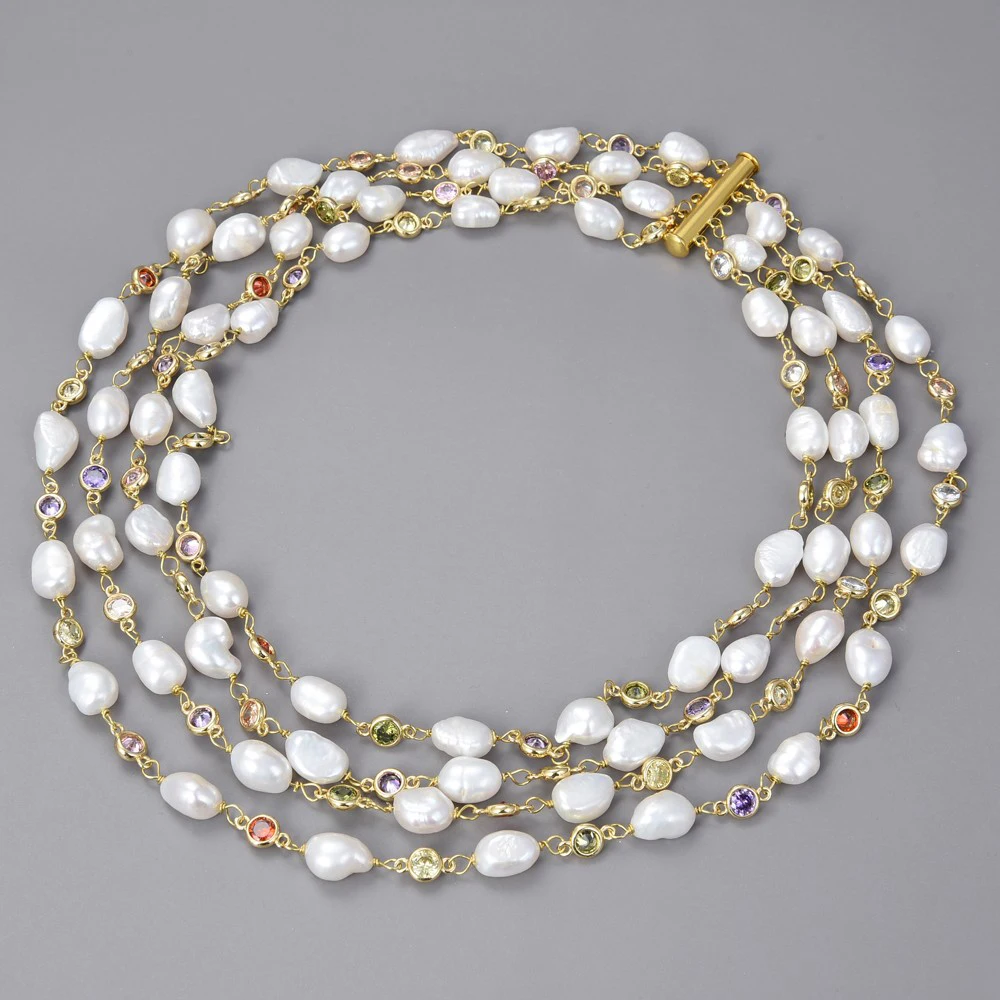 

18-23" 4 Strands Freshwater White Baroque Pearl Multi Color Cz Chain Necklace