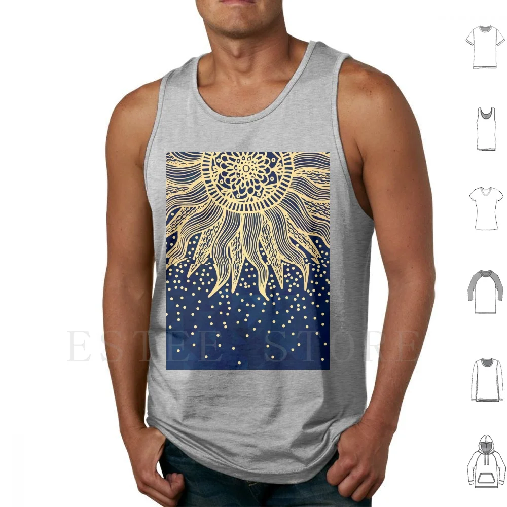 

Blue Gold Boho Sun Mandala Confetti Tank Tops Vest Cotton Gold Mandala Blue And Gold Blue Gold Sun Golden Dark Blue Boho