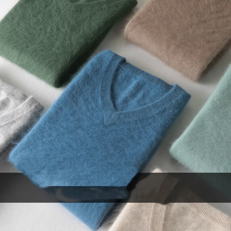

Classic Men's 100% Mink Cashmere Sweaters 2022 Solid Color V-Neck Casual Knitted Pullovers Winter Men Long Sleeve Warm Jumper
