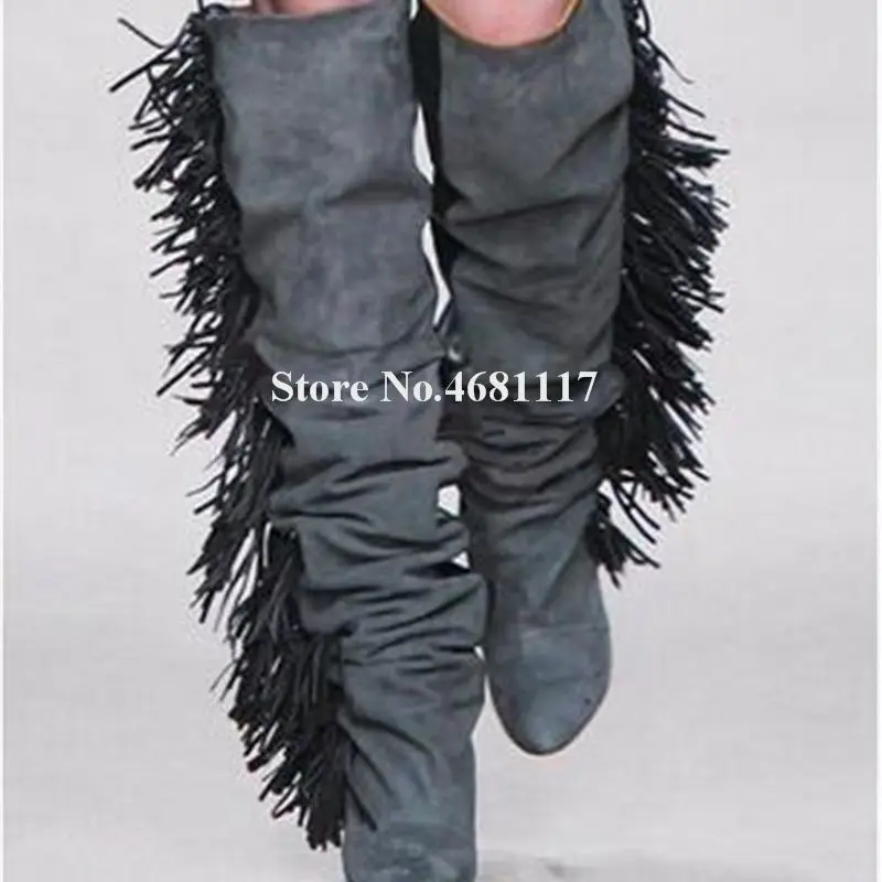 

Tassels Knee High Wedge Women Boots Elegant Charming Pointed Toe Suede Leather Black Grey Beige Side Fringes Long Wedge Boots