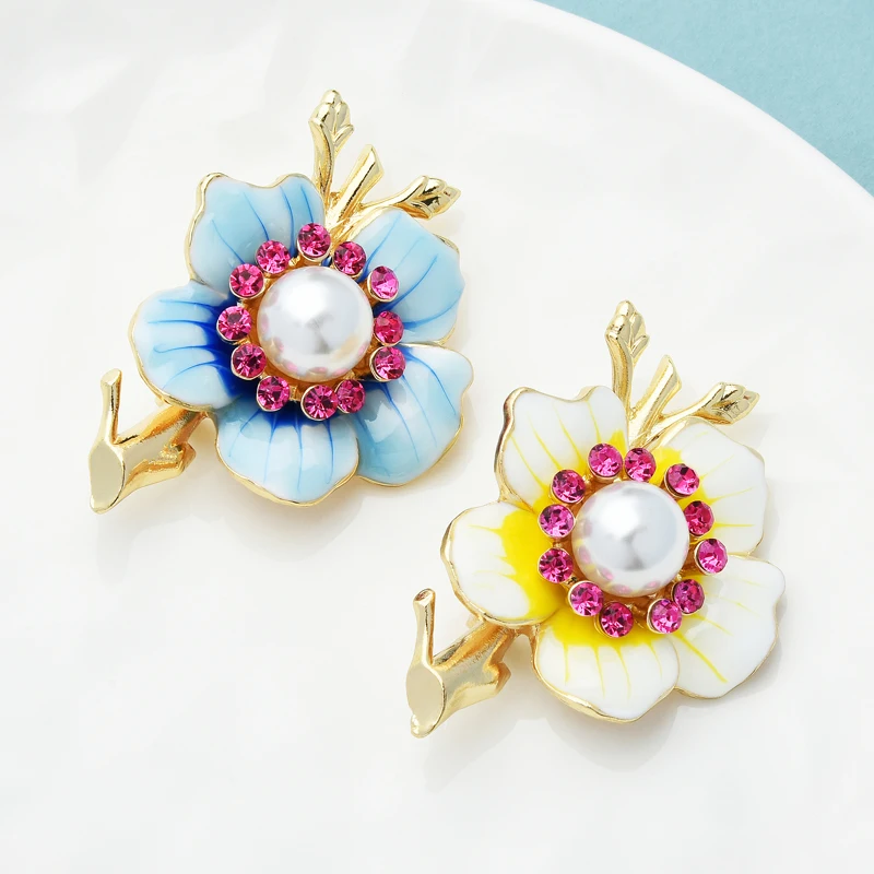 Wuli&baby Blue Yellow Enamel Flower Brooches For Women Pearl Party Office Brooch Pins Gifts