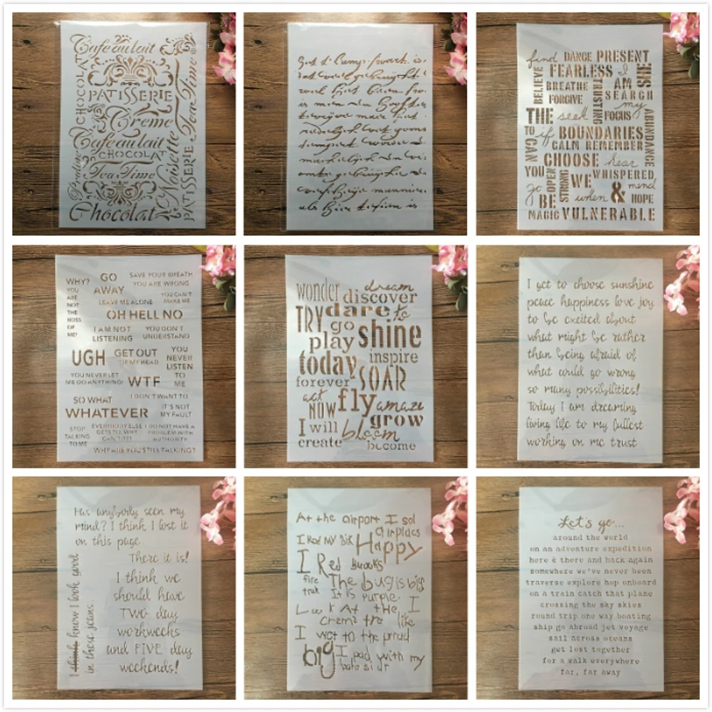 

9Pcs/Lot A4 29cm Words Paragraph Text Article DIY Layering Stencils Painting Scrapbook Coloring Embossing Album Decor Template