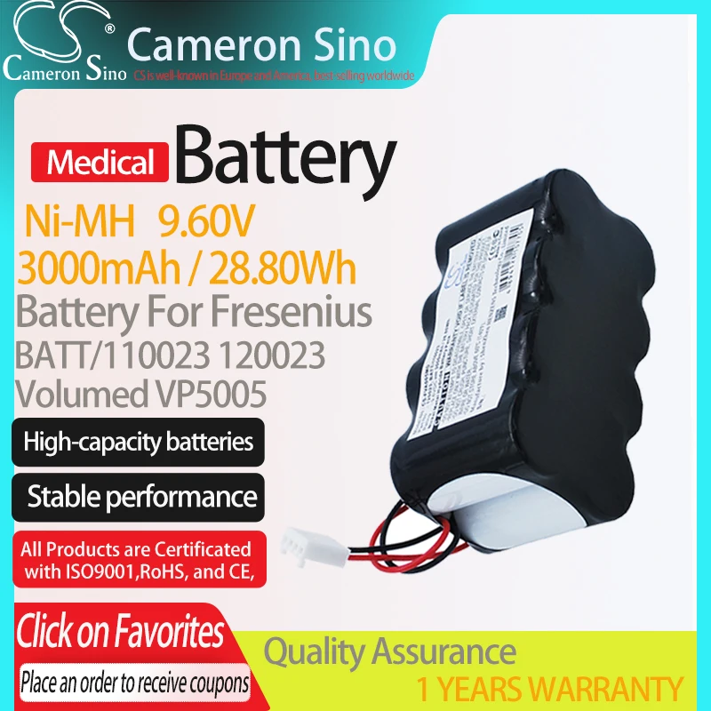 CameronSino Battery for Fresenius Volumed VP5005 fits 120023 BATT/110023 Medical Replacement battery 3000mAh/28.80Wh 9.60V Black