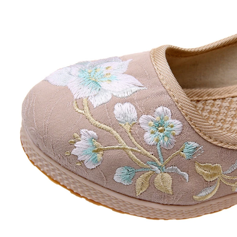 Floral Embroidered Women Spring Wedges Pumps Ladies Ethnic Canvas Mary Jane Dress Shoes Vintage Round Toe Espadrilles for Female