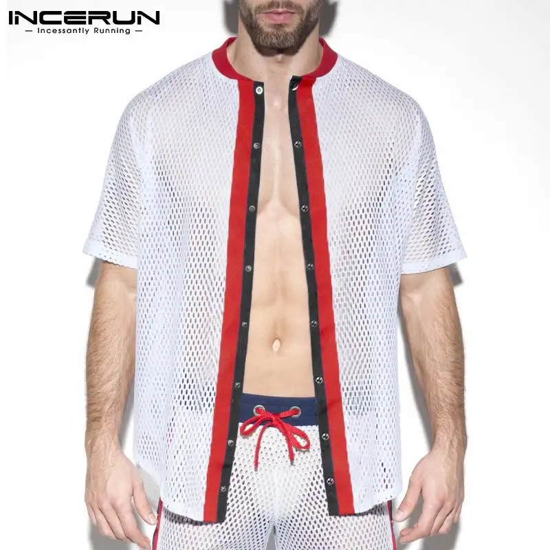 INCERUN Tops 2022 Men Blouse Casual Streetwear Striped Breathable Mesh Blouse Fashion Comfortable Button Round Neck Shirts S-5XL