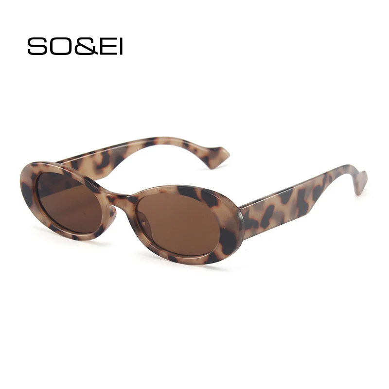 SO&EI Ins Popular Fashion Small Oval Sunglasses Women Vintage Leopard Jelly Color Eyewear Men Trending Sun Glasses Shades UV400