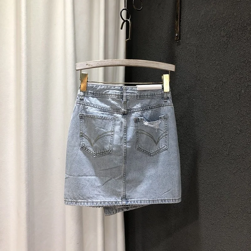 Street High Summer New Fashion Womens Irregular Hole Elegant Denim Skirt Vintage Pockets Korean Style Spliced A-Line Skirt