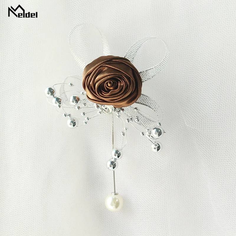 Meldel broche de perlas artificiales, ramillete de boda, flores, rosas de seda, Boutonniere, Corsages y Boutonnieres de boda para hombres