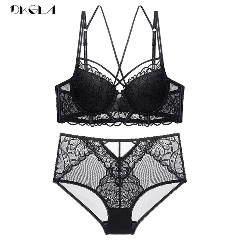 NEW Brand Sexy Underwear Set White Bras Gather Cotton Thick Brassiere Lace Embroidery Lingerie Set Women Deep V Push Up Bra Sets