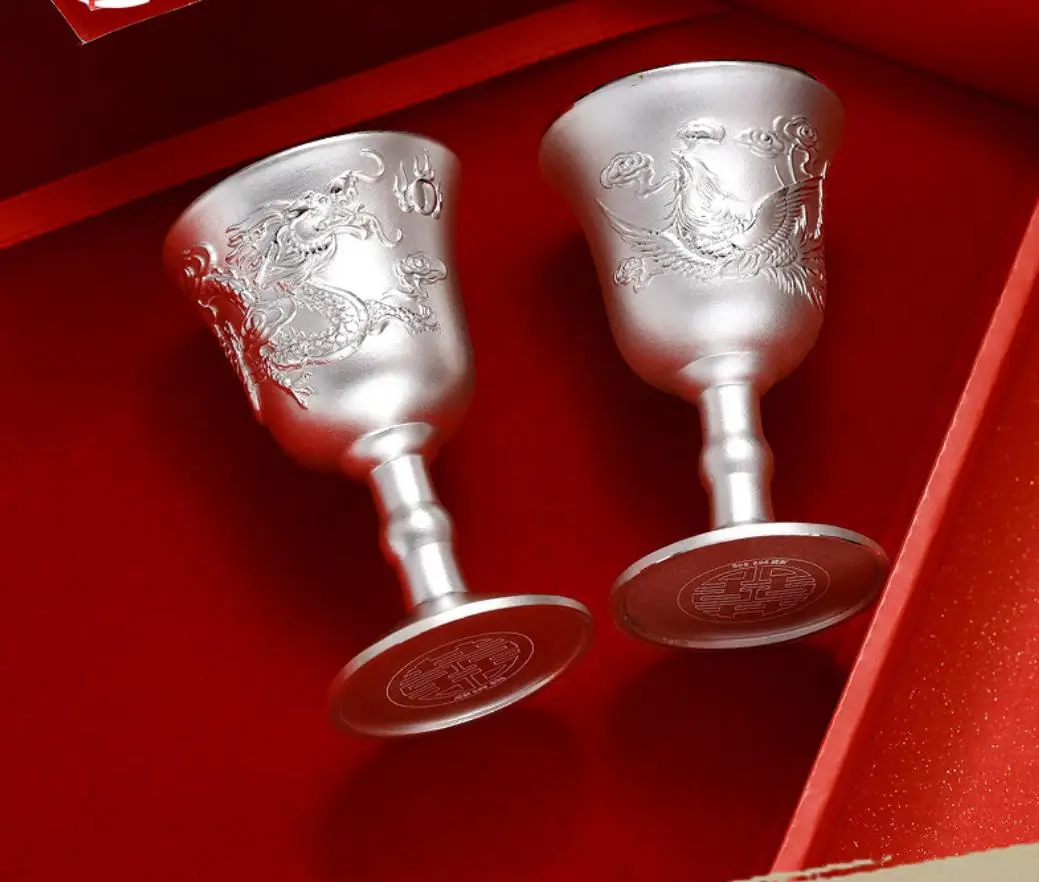 1 Pair Dragon Phoenix Pure Silver Cup Wedding Wine Upscale Gift