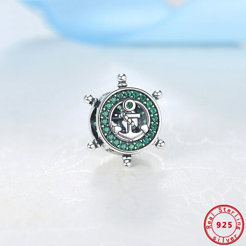 New Original 925 Sterling Silver Beads Travel Anchor Rudder Charm Green Stone Fit Pandora Bracelets Women DIY Jewelry Dropship