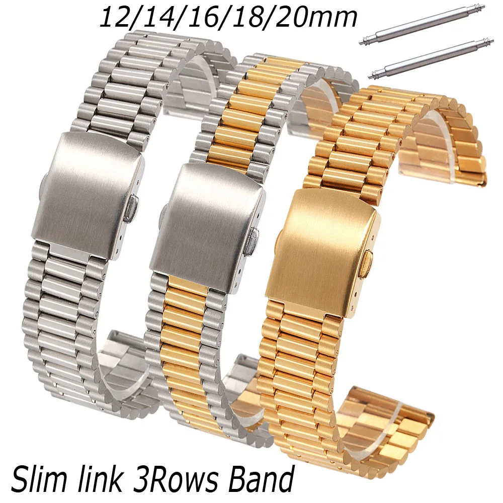 Slim Link Watch Band 12mm 14mm 16mm 18mm 20mm Stainless steel watch Strap 3 Rows Replacement Smartwatch Bracelet WristBand Belt