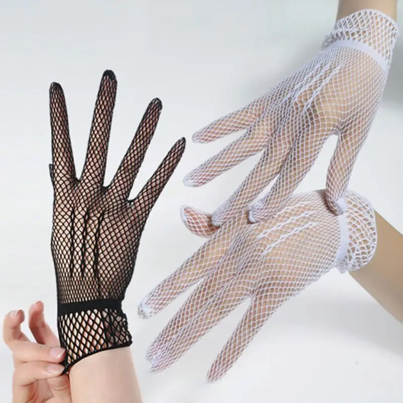 Women Bridal Sexy Hollow Out Fishnet Full Fingered Gloves Wrist Length Elastic Solid Color Sunscreen Mittens Wedding Party