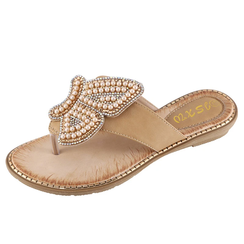 New Breathable Ladies Sandals Slippers Bohemia Rhinestone Pearl Butterfly Decorative Women\'s Shoes Summer Beach Dress Flip Flops