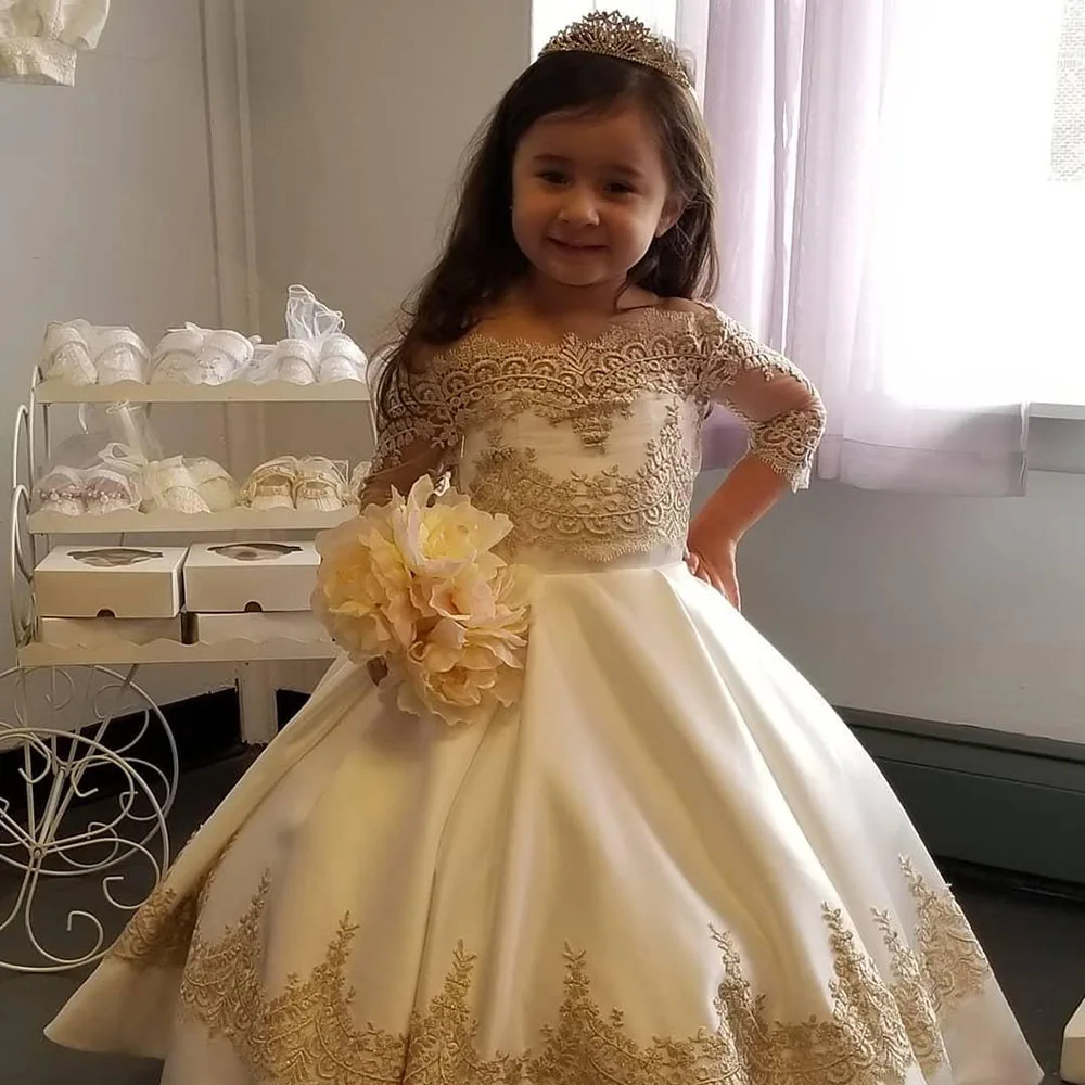 

O-Neck Satin Flower Girl Dresses Ball Gown Half Sleeves Little Girl Wedding Dresses Cheap Communion Pageant Dresses Gowns