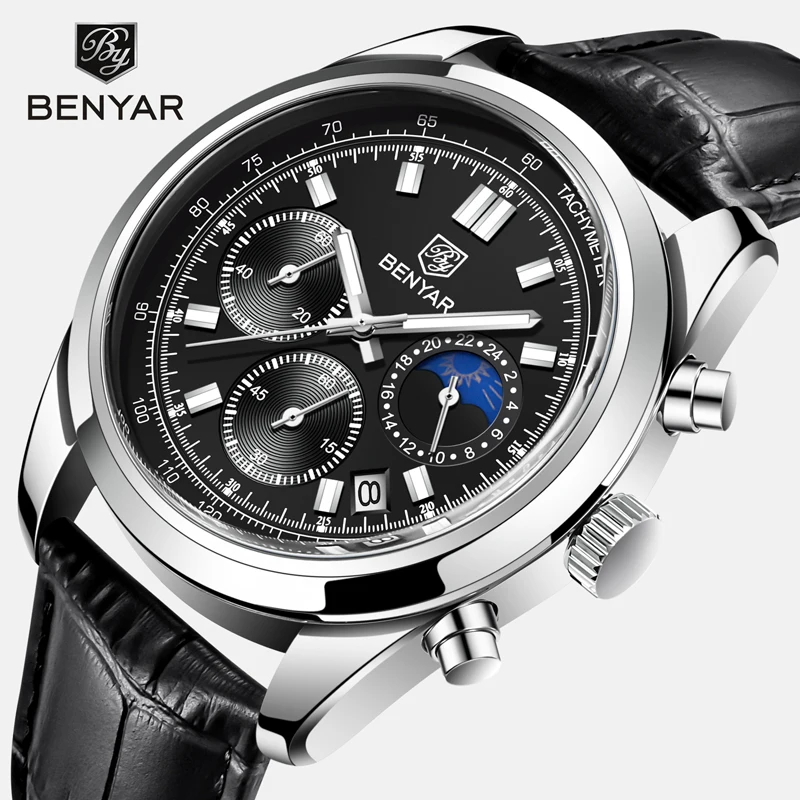 BENYAR Men's Watches Top Brand Luxury Business Chronograph Quartz Watch Men Luminous Leather Waterproof Sport Moon Phase Relogio