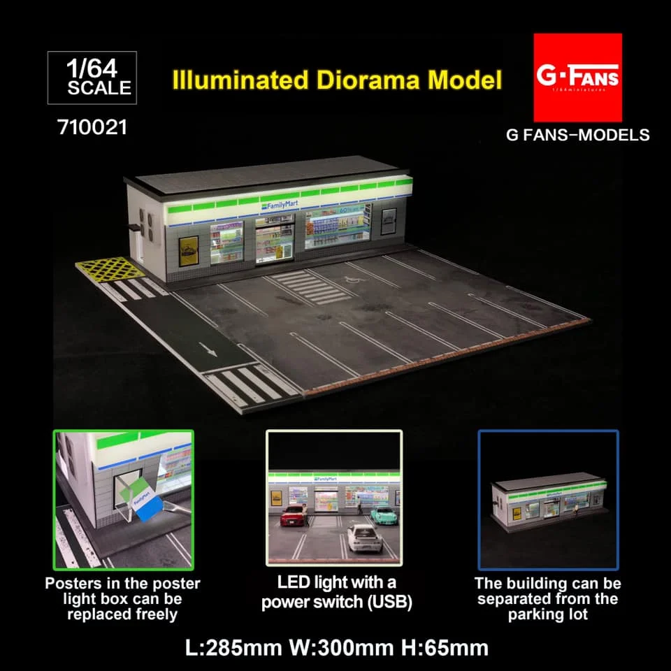 G-FANS 1:64 Diorama with LED Light 7-11 FamilyMart S Stores and parking lots