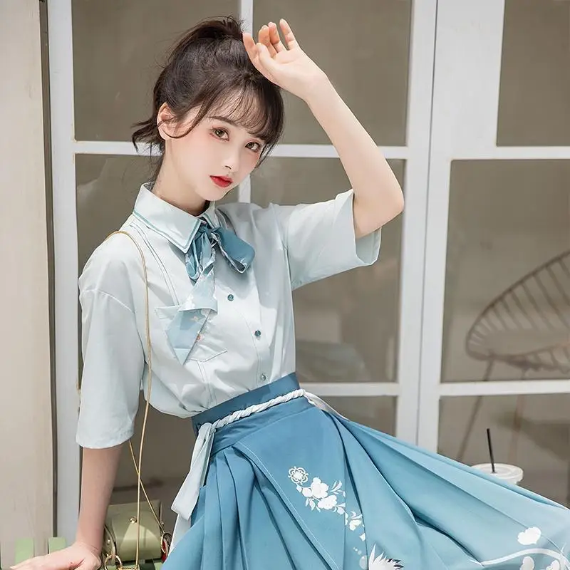 Improved Two-piece Hanfu Women's Summer Embroidered Chinese Element Fashion Suit Fashion Retro Fishtail Dress Girl Dress Chinese