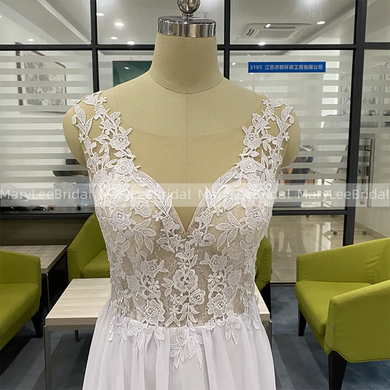 Vestido de noiva transparente, foto real, verão, chiffon, boho, botões, costas, nude, tule, aplique branco, robe de casamento, 100%