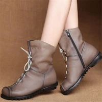 JIANBUDAN/ Genuine Leather Plush women's short Boots Retro Casual Autumn Winter Women's Boots Waterproof leather warm Snow boots - Image 4