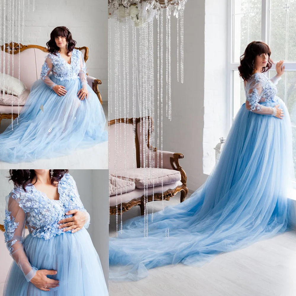 Sexy Ruffles Floral V Neck Women Dresses Robe for Photoshoot Extra Puffy Sleeves Prom Gowns Cape Cloak Maternity Dress