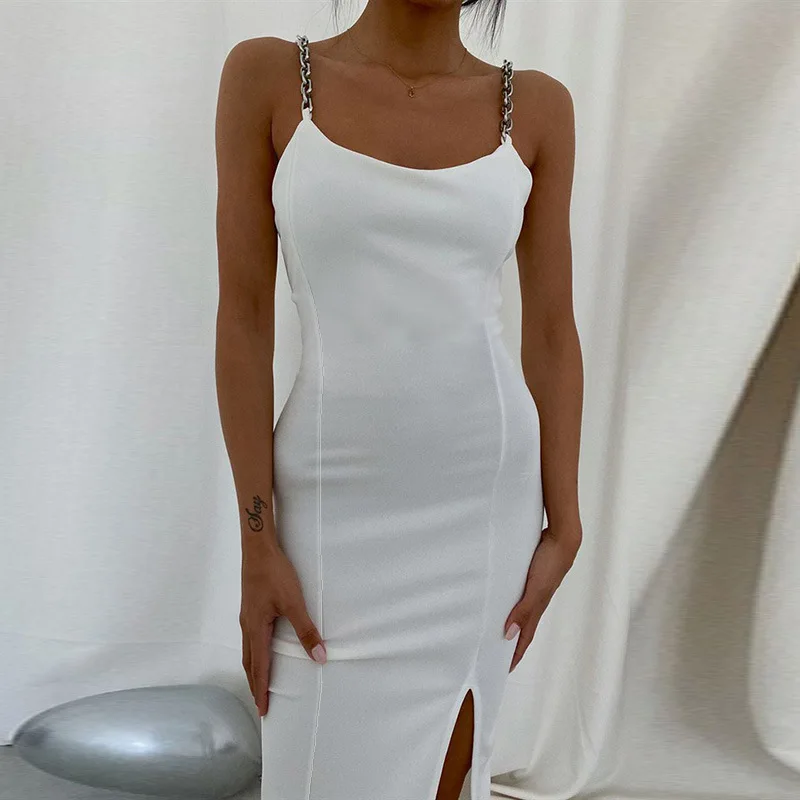 Women Elegant Chain Strap Knee Length Dress Summer Sexy Sleeveless Split Bodycon Dress Solid y2k Evening Party Club Clothing