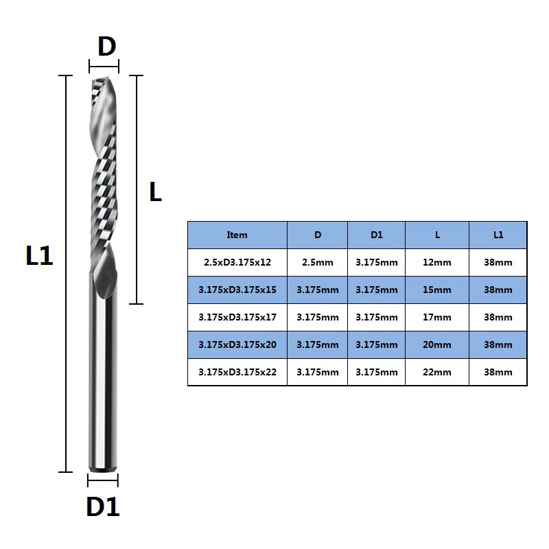 XCAN Milling Cutter 10pcs 3.175mm Shank CNC End Mills Cutting Length 15/17/20/22mm One Flute Spiral Router Bits for Wood MDF PVC