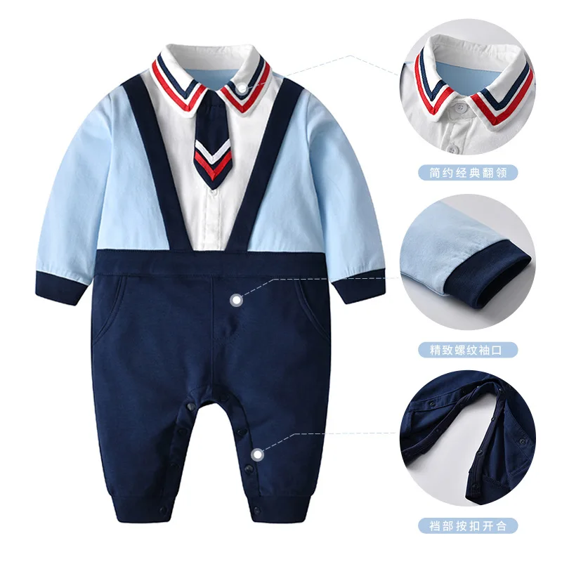 

Newborn Rompers Long Sleeve Clothes Lapel Color Block Strap Rompers Necktie Cotton Shirt Baby Clothing