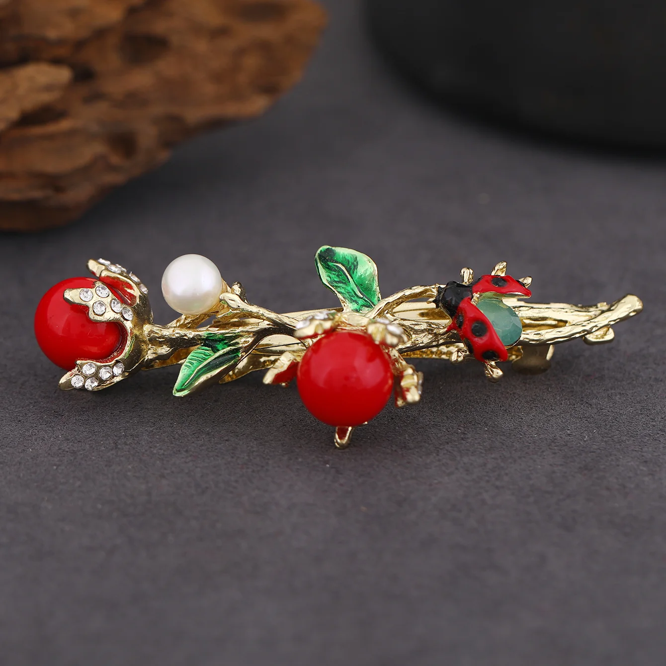 Muylinda Cute Little Ladybug Red Cherry Hairpin Freshwater Pearl with Leaf and Crystal Barrettes Hair Accessories for Women Gift