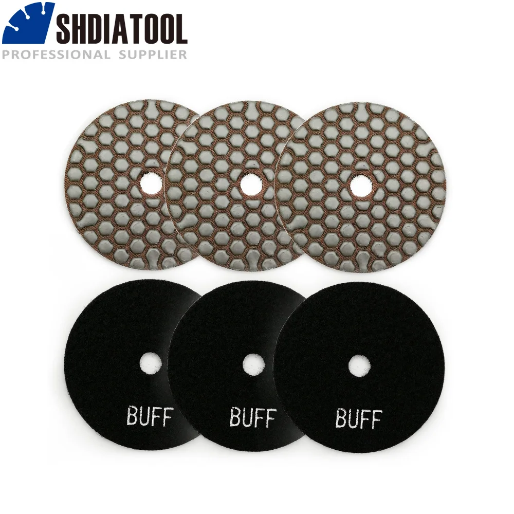 

SHDIATOOL 6pcs Diameter 4inch/100mm #Black Buff Dry Polishing Pads Resin Bond Diamond Flexible Sanding Discs