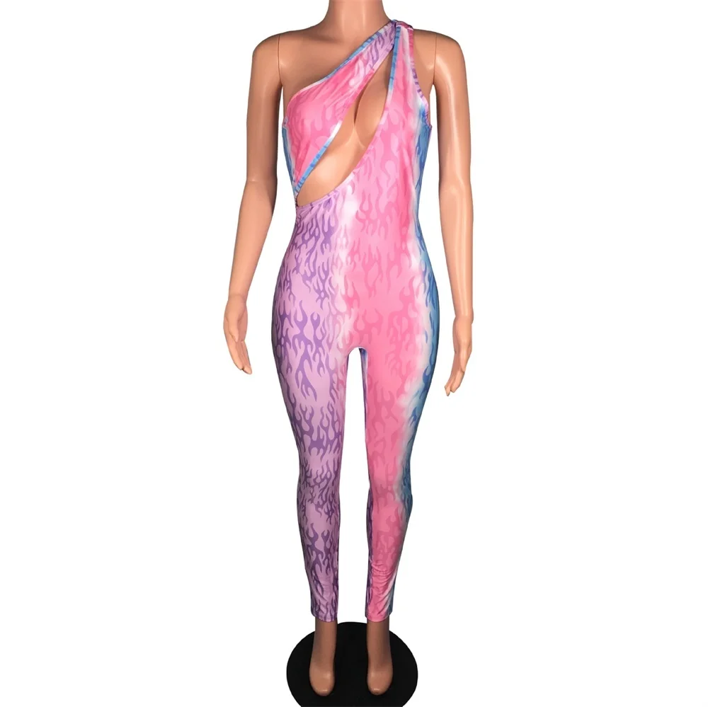 Zomer Vrouwen Bodycon Jumpsuits Sexy Sheer Hollow Out Schouder Jumpsuit Rompertjes Vrouwen Mouwloze Print Skinny Party Club Overalls