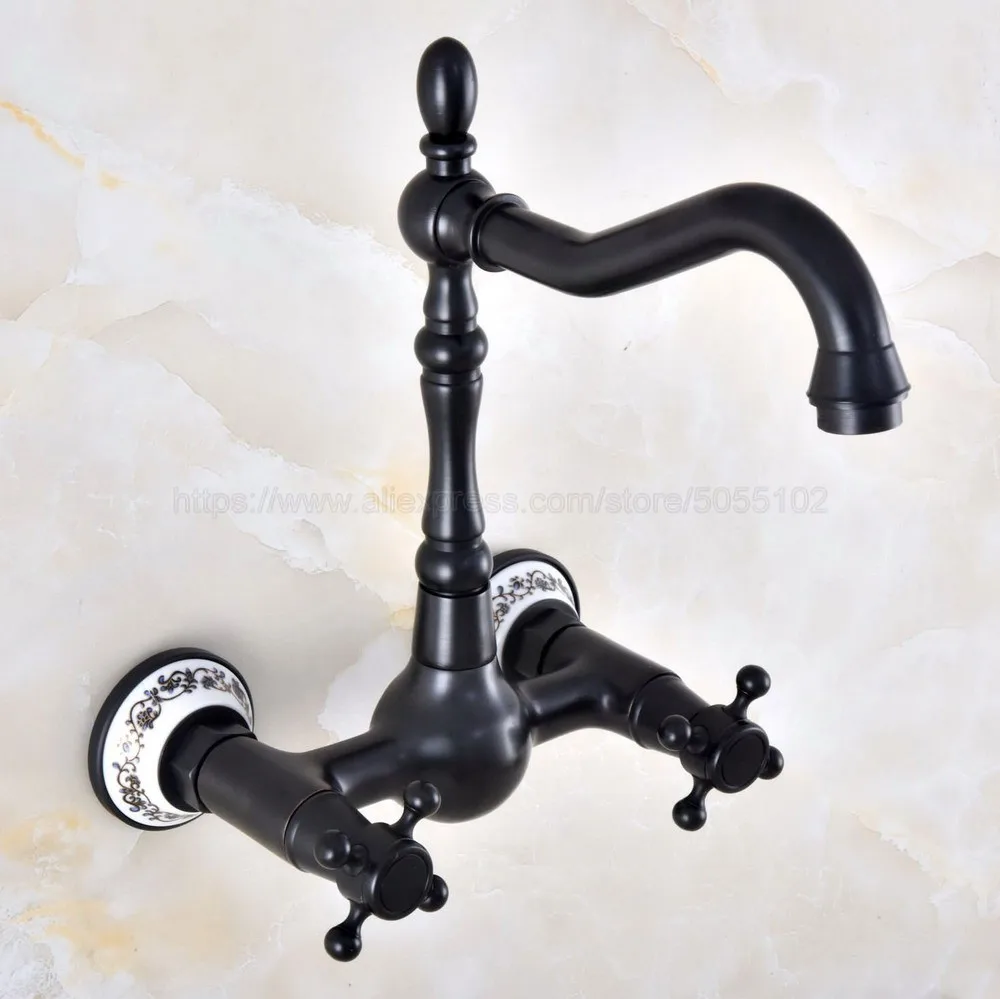 

Oil Rubbed Bronze Wall Mounted Basin Faucets Double Handle Dual Hole Bathroom Sink Swivel Faucet Mixer Tap znf850