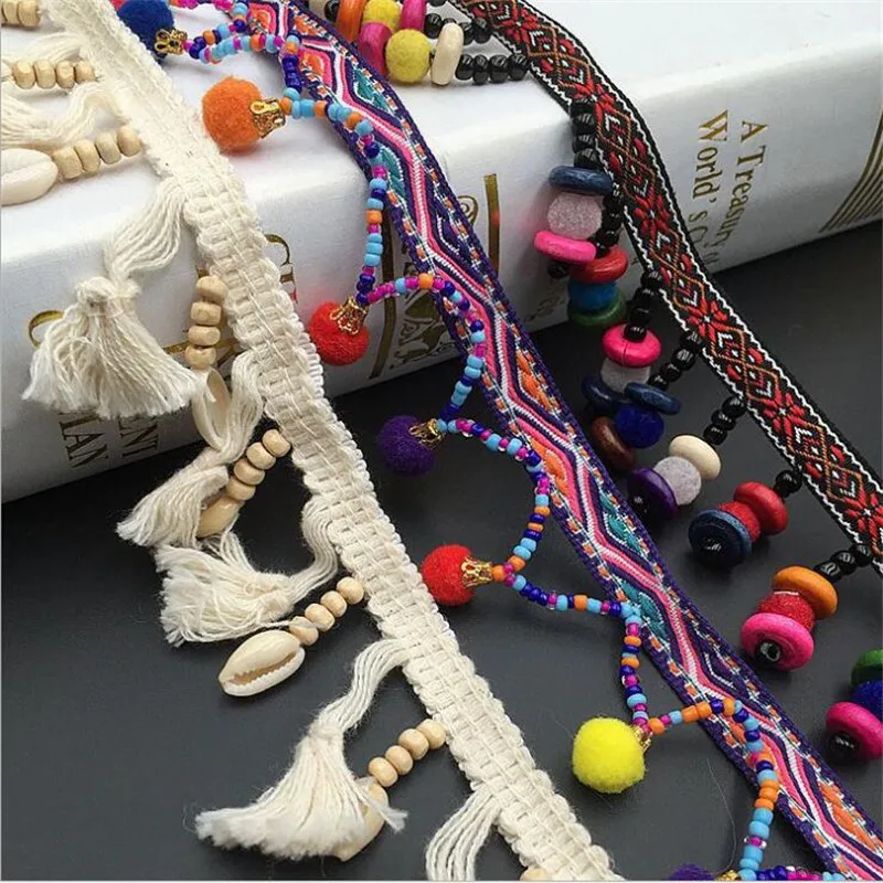 Hand beaded lace wooden bead curtain beads tassel bar code rowing lace clothing diy accessories