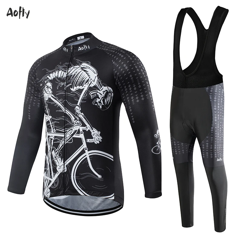 Aofly Men Funny Cycling Jersey Spring Fall Cycling Clothing Suit Skull MTB Mountain Bike Clothing Racing Bicycle Clothes Suit