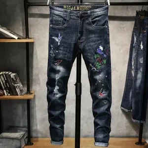 Stretch embroidered jeans men Korean fashion slim leggings black worn-out youth embroidered pants