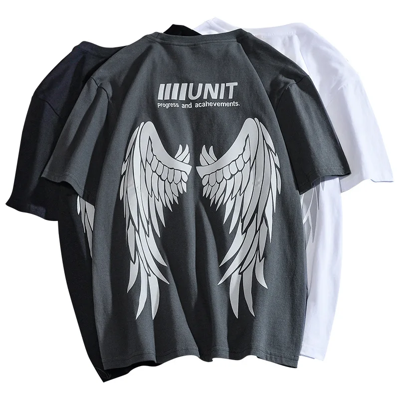 Summer Fashion Brand Men Short Sleeve Casual Printing Cotton Tshirts Luminous Reflective Wing T-shirt Hip Hop Streetwear Tops