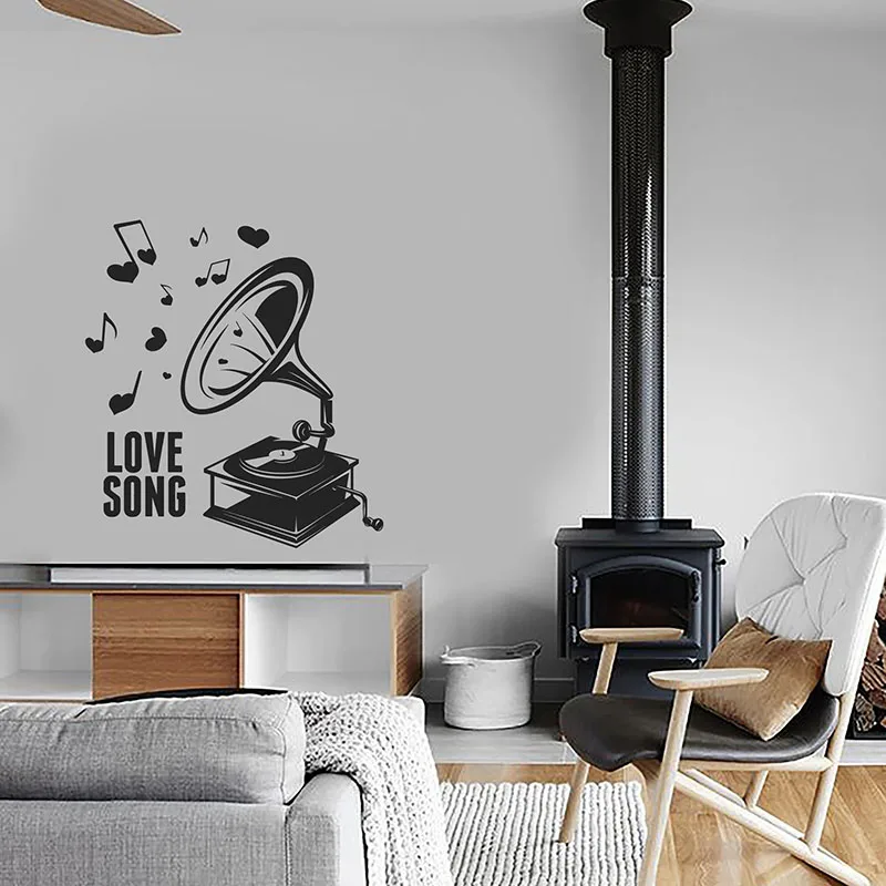 Love Song Wall Decal Words Vintage Phonograph Musical Notes Retro Music Studio Interior Decor Door Window Vinyl Stickers Q718