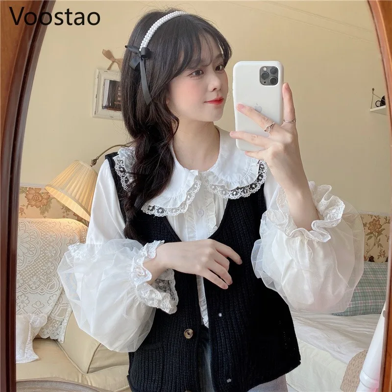 Japanese Sweet Lolita Style Blouses Girls Cute Lace Ruffles White JK Shirts Women Preppy Chic Kawaii Long Sleeve Blusas Mujer