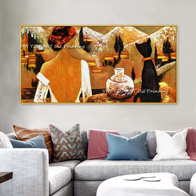 

The Best Woman and Cat Figure Girl Handmade Modern Abstract Thick Oil Painting On Canvas Knife Painting Wall Art Decor for Home