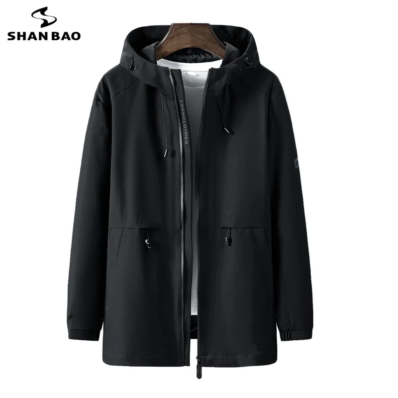 

SHAN BAO 2022 autumn and winter brand classic style zipper pocket long windbreaker young men's casual hooded jacket black khaki