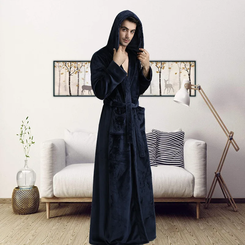 Women Winter Hooded Extra Long Thick Flannel Bath Robe Luxury Peignoir Warm Dressing Gown Men Bathrobe Bridesmaid Wedding Robes