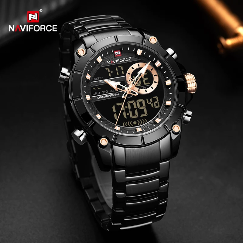 

NAVIFORCE Military Sport Men's Wristwatch Quartz Dual Display Stainless Steel Waterproof Watches Male Digital Analog Alarm Clock