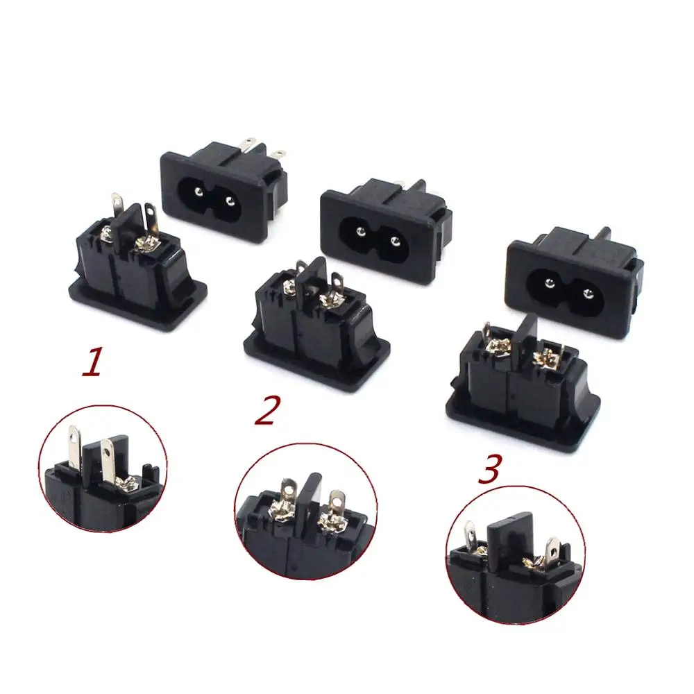 10Pcs AC250V 2.5A IEC320 C8 Male 2 Pins Black Power Inlet Socket Panel Embedded