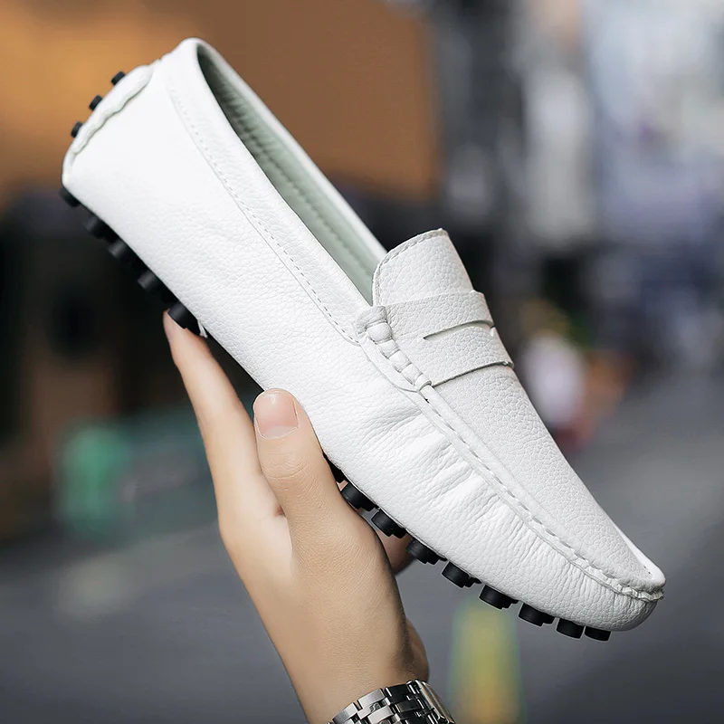 Loafers Men Mocassin Leather Flats Casual Shoes Plus Big Size 48 White Slip-On Driving Walking Shoes Chaussure Homme Cuir