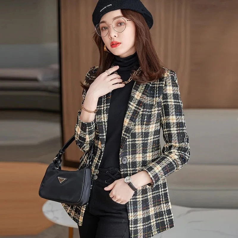 Blazer Women Autumn Winter Plaid V-Neck Slim Waist Tweed Jacket Fashion Vintage Office Lady Casual Suit Coat Graceful Clothing