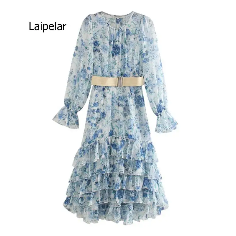 2021 European and American Women's Summer New Long Sleeve Multi-Layer Seaside Holiday Ruffle Dress