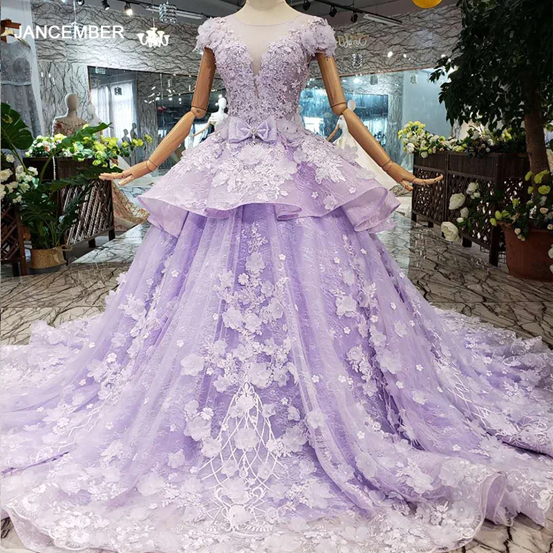 LS83920 purple evening dress long with train custom size o neck zipper back pink flowers grey wedding party vestidos de 15 años