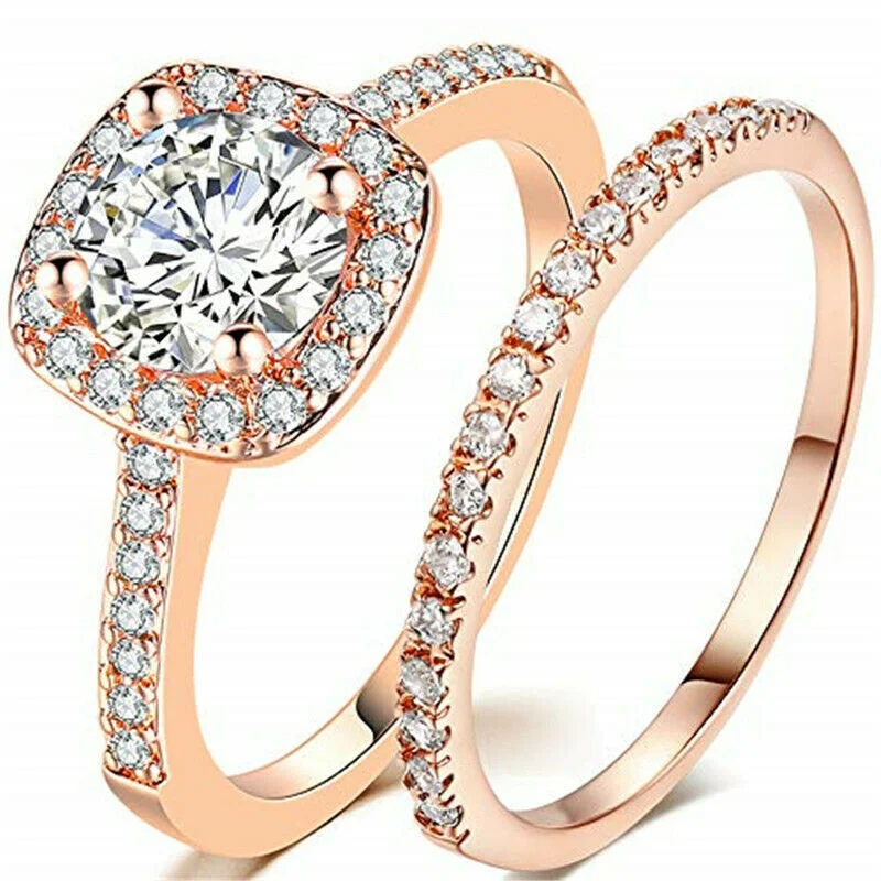 Exquisite Women\'s Rose Gold Plated White Zircon Wedding Jewelry Bridal Ring Set Size 6-10